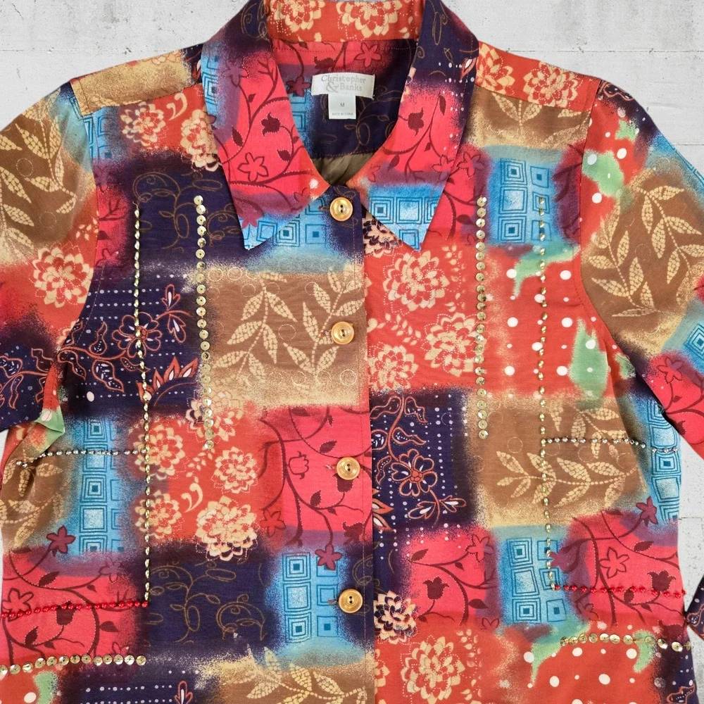 Colorful Floral Sequin Embroidery Wearable Art Button Front Jacket Size Medium